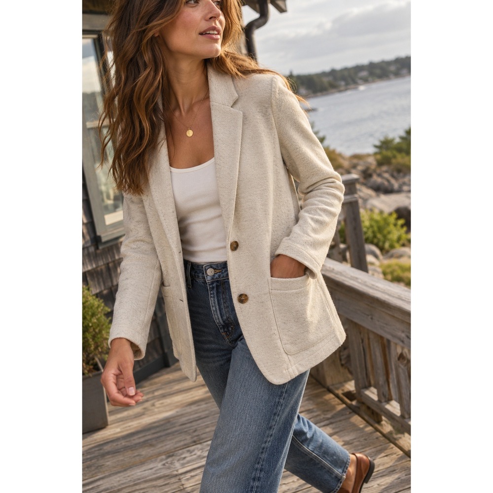 Faherty Inlet Knit Blazer Cotton Light Oatmeal Melange Patch Pocket M